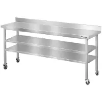 GOLDINOX Mesa de trabajo de acero inoxidable para bares, dimensiones 1800 x 500 mm, con 2 estantes inferiores y protector trasero, sobre ruedas, PREMIUM -