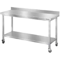 GOLDINOX Mesa de trabajo de acero inoxidable para bares, dimensiones 1600 x 800 mm, con estante inferior y protector trasero, sobre ruedas, modelo PREMIUM -