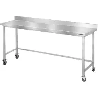 GOLDINOX Mesa de trabajo de acero inoxidable, modelo Bar, 2000 x 500 mm, con refuerzo y protector lateral, sobre ruedas, PREMIUM -