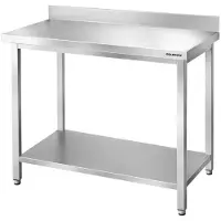 GOLDINOX Mesa de trabajo de acero inoxidable para bares, dimensiones 1200x700 mm, con 1 estante inferior y protector trasero PREMIUM -