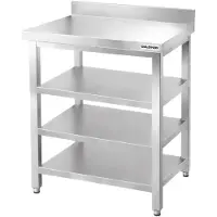 GOLDINOX Mesa de trabajo de acero inoxidable para bar, dimensiones 600x600 mm, con 3 estantes inferiores y protector trasero PREMIUM -