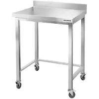 GOLDINOX Mesa de trabajo de acero inoxidable, modelo Bar, de 800x500 mm, con refuerzo y protector lateral, sobre ruedas, PREMIUM -