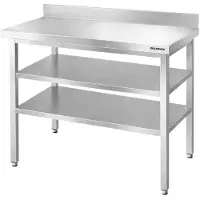 GOLDINOX Mesa de trabajo de acero inoxidable para bares, dimensiones 1200x800 mm, con 2 estantes inferiores y protector trasero PREMIUM -