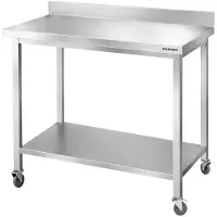 GOLDINOX Mesa de trabajo de acero inoxidable para bares, dimensiones 1200x500 mm, con 1 estante inferior y protector trasero, sobre ruedas, PREMIUM -