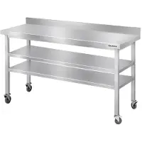 GOLDINOX Mesa de trabajo de acero inoxidable para bares, dimensiones 1500 x 600 mm, con 2 estantes inferiores y protector trasero, sobre ruedas. Marca: . (Calidad PREMIUM)
