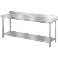 GOLDINOX Mesa de trabajo de acero inoxidable para bares, dimensiones 1800 x 600 mm, con estante inferior y protector trasero PREMIUM -