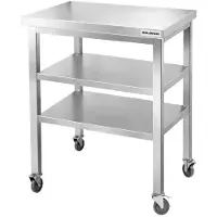 GOLDINOX Mesa de trabajo de acero inoxidable, dimensiones 800x700 mm, con 2 estantes inferiores con ruedas, calidad PREMIUM -