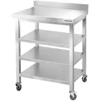 GOLDINOX Mesa de trabajo de acero inoxidable para bar, 600x600 mm, con 3 estantes inferiores y protector trasero, sobre ruedas. Modelo PREMIUM -