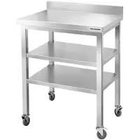 GOLDINOX Mesa de trabajo de acero inoxidable, modelo Bar, de 800 x 500 mm, con 2 estantes inferiores y protector trasero, sobre ruedas, PREMIUM -