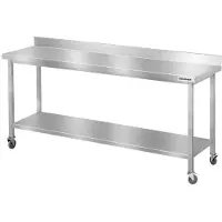 GOLDINOX Mesa de trabajo de acero inoxidable, modelo Bar, de 2000 x 600 mm, con 1 estante inferior y protector trasero, sobre ruedas, PREMIUM -