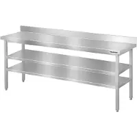 GOLDINOX Mesa de trabajo de acero inoxidable, modelo Bar, de 2000 x 600 mm, con 2 estantes inferiores y protector trasero PREMIUM -