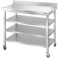 GOLDINOX Mesa de trabajo de acero inoxidable para bares, dimensiones 1200x800 mm, con 3 estantes inferiores y protector trasero, sobre ruedas. Marca: . (Modelo PREMIUM)