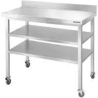 GOLDINOX Mesa de trabajo de acero inoxidable para bares, dimensiones 1000x500 mm, con 2 estantes inferiores y protector trasero, sobre ruedas. Marca: (calidad PREMIUM)