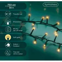 Lumineo Guirnalda LED compacta y multifuncional, con 750 LEDs dorados de luz suave, con cable verde, para uso en exteriores, de 16 metros