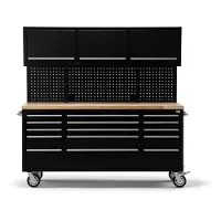 HBM banco de trabajo 182 cm con 15 cajones, pared de armario y panel trasero, encimera de madera, negro