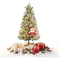 VA-Cerulean Árbol de Navidad artificial , 150 cm, con revestimiento de PE+PVC y adornos de copos de nieve, iluminación LED integrada de luz cálida y base de madera maciza