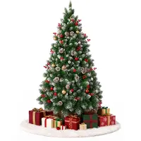 VA-Cerulean Árbol de Navidad artificial , 225 cm, con efecto nieve, piñas, bayas rojas y base de madera maciza. Decoración navideña