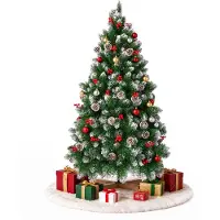 VA-Cerulean Árbol de Navidad artificial , 180 cm, con efecto nieve, piñas, bayas rojas y base de madera maciza. Decoración navideña