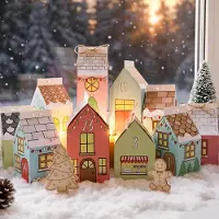 Merkloos Calendario de adviento para llenar - Casitas navideñas - 24 unidades - Papel kraft con guirnalda LED y cordón de yute