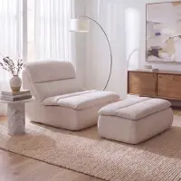 Mendler Sillón con otomana HWC-R30, sillón de relax con reposapiés, sillón tapizado en tela chenille, color beige