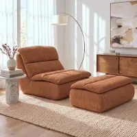 Mendler Sillón con otomana HWC-R30, sillón de relax con reposapiés, sillón tapizado en tela chenille, color terracota