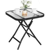 StarTech.com Mesa plegable para balcón - Mesa pequeña para exteriores - Vidrio de seguridad de 5 mm - Estructura de metal negro - Para 2 personas - Plegable - Capacidad de carga: 50 kg - Color: negro transparente