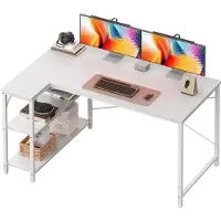 StarTech.com Escritorio de ordenador en forma de L - Escritorio de esquina - 120 cm - Diseño reversible - Estantería ajustable - Madera de roble - Estructura de metal - Blanco