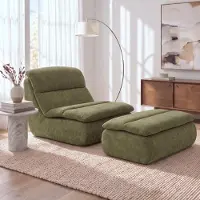 Mendler Sillón con otomana HWC-R30, sillón de relax con reposapiés, sillón tapizado de tela chenille, color verde