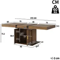 StarTech.com Mesa de comedor extensible - Con espacio de almacenamiento integrado - 140/180 x 90 x 75,2 cm - Puertas con diseño verticalmente acanalado - Para 6 personas - Color nogal