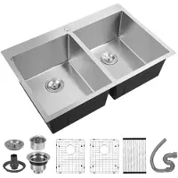 StarTech.com Fregadero de cocina: doble seno con zona de trabajo, 84 cm, acero inoxidable 304, distribución 50/50, calibre 16, esquinas redondeadas (R10), montaje encastrado o sobre encimera