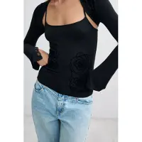 Desigual , camiseta 2 en 1 detalles flocados, Mujer, Viscosa, Negro, L